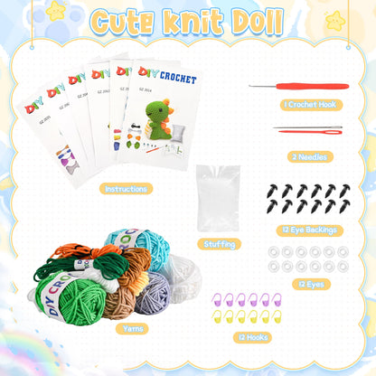 YHOYUJIA 6Pcs Crochet Kit for Beginners, 2026 DIY Craft for Adults, Great Gift for Crochet Lovers, Crocheting Animal Kits with Step by Step Videos,Yarn,Crochet Hook,Birthday Holiday Gift