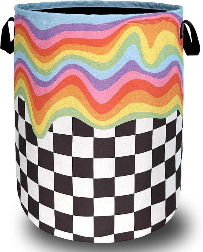Rainbow Grey White Plaid Laundry Hamper Colorful Hippie Funny Laundry Basket