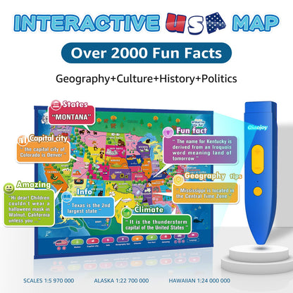 Qiaojoy Bilingual Interactive for Kids Talking USA Map World Map for Kids Learning, Geography Toys Games Educational Electronic Map Personalized Gift/Toys for 4 5 6 7 8 9 10 Year Old Girls/Boys