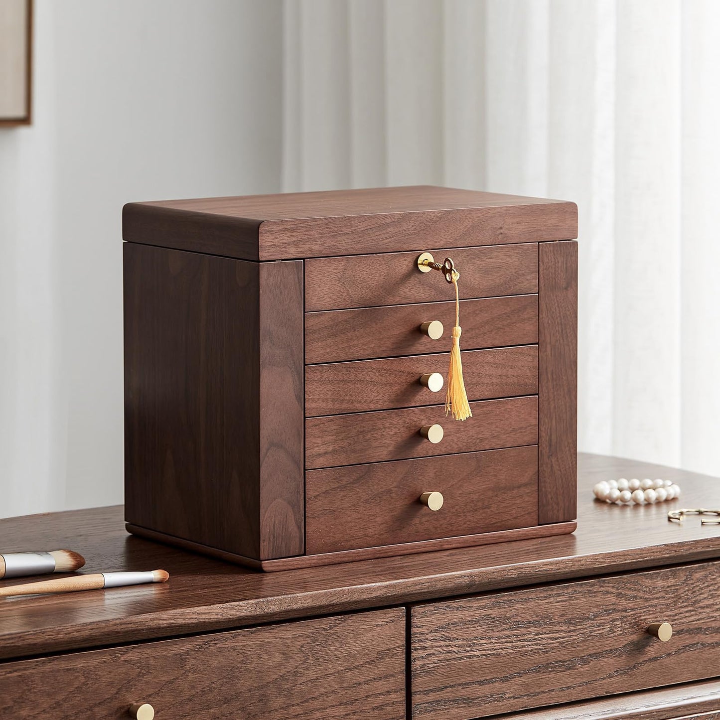 CHOSIN Black Walnut Wooden Jewelry Box for Women with Mirror, 5 Drawers and 2 Side Doors for Watches, Necklaces, Rings, Earrings Storage, Ideal Gift for Her, Fathers Day Gift