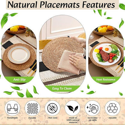 6 Sets Boho Decoration Placemats Round Woven Placemats, Cloth Napkins, Wood Bead Napkin Rings, Long Table Runner and Farmhouse Burlap Cotton for Table Kitchen (Black,12x72)