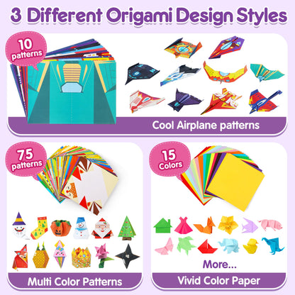 Mocoosy 320 Sheets Origami Kit for Kids Ages 5-8 9-12, Folding Paper Set with Origami Book & Paper Airplane, DIY Art Craft Project for Boys Girls, Travel Game Airplane Car Road Trip Activity Toy Gift