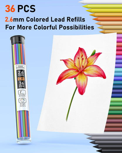 Four Candies Mechanical Colored Pencils, Erasable Mechanical Pencils with Sharpener and Bag, Aesthetic Drafting Tools Ideal for Both Beginners 2.6mm, 36PCS