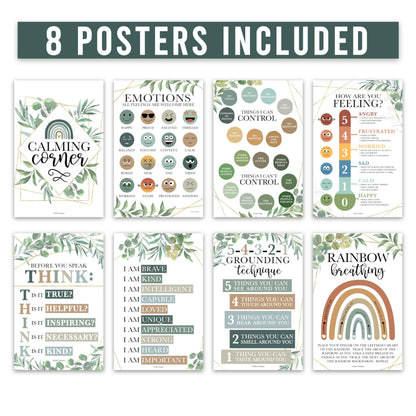 Hadley Designs 8 Calming Corner Posters for Classroom Must Haves -Calm Down Corner Supplies with Emotions Chart,School Counselor Mental Health Poster, Feelings Chart For Kids, Greenery Classroom Decor