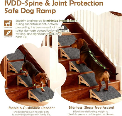 Wood Dog Ramp Stairs for Outdoor, Low Angle Dog Ramp for Stairs | 4.2"H, 2 Pack, ups to 170lbs, Premium Solid Wood, Anti-Slip Carpet Surface, Dog Stairs for Small Dogs, Footrest & Stretcher
