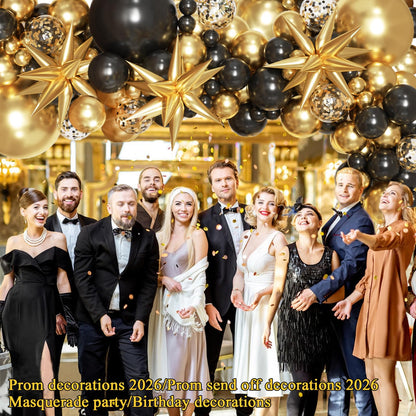 KARLURE Black and Gold Balloons Arch Kit with Star Balloons for Graduation Decorations 2026 Class Prom Retirement Grad Party Decor Men Birthday Masquerade Anniversary Party Decorations