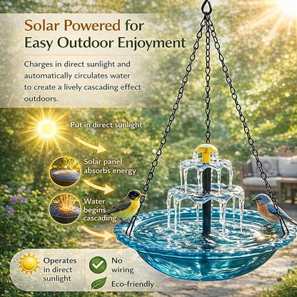 Solar Powered Hanging Bird Bath, Vibrant Blue Multi-Tier Waterfall Fountain for Outside, Easy to Hang Bird Oasis for Garden Decoration, Balcony, for Bird Lovers (Gray)