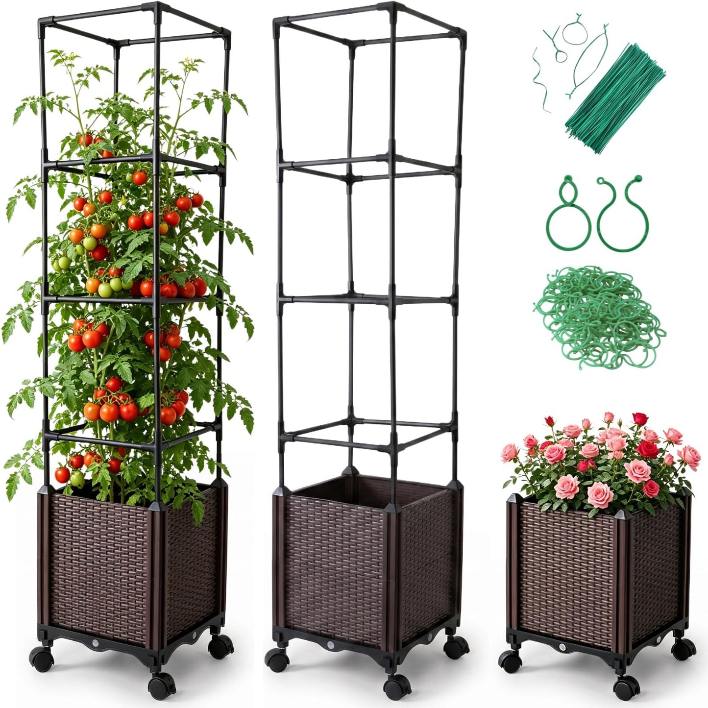 Jesosia Raised Garden Bed Planter Box with Tomato Cage - Self-Watering Tomato Planters with Trellis for Climbing Plants Outdoor - Vertical Gardening Tomatoes Pot with Trellis Wheels for Vegetable Vine