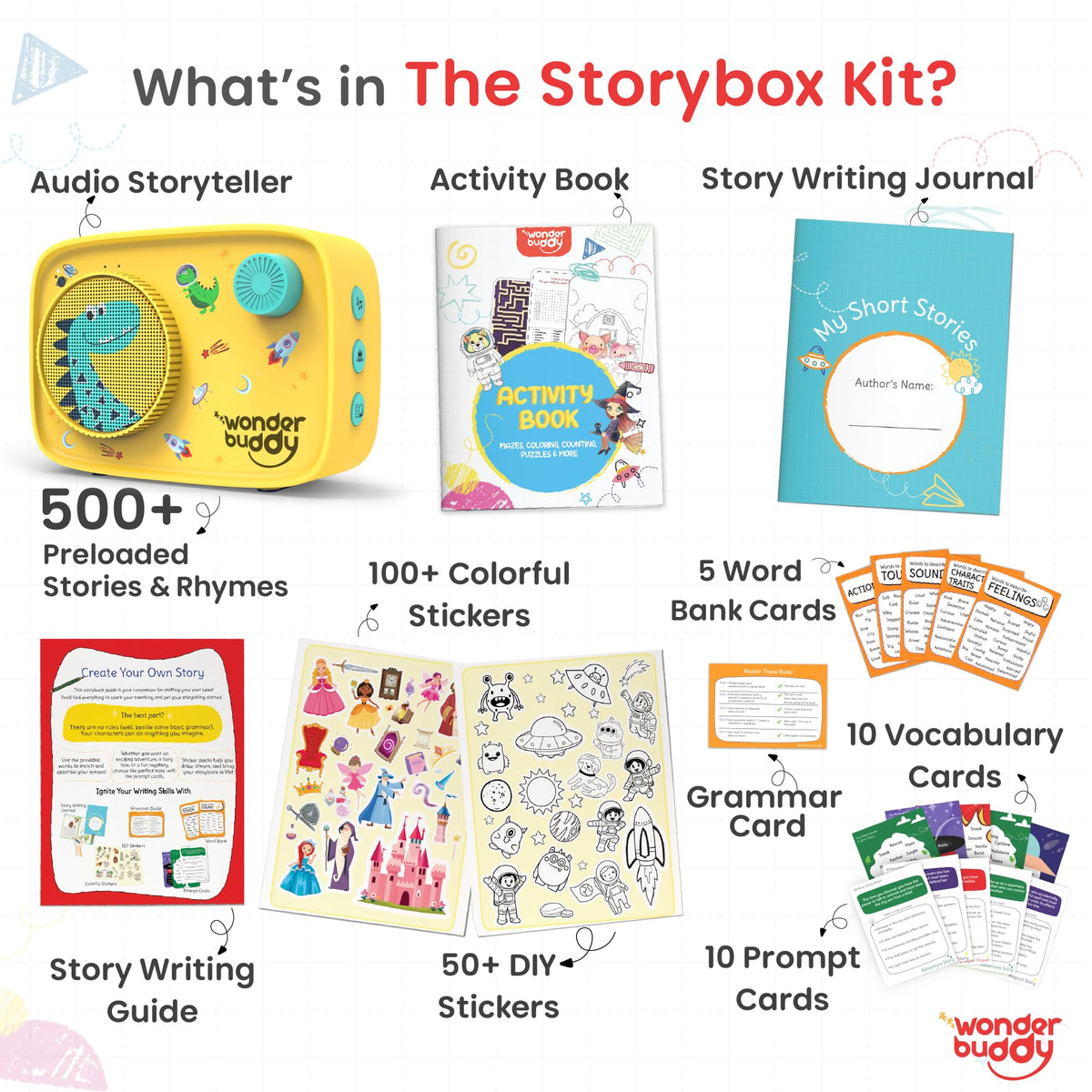 WonderBuddy Kids Story Box Audio Player, 500+ Preloaded Stories & Rhymes, Story Writing DIY Art Kit, Voice Recorder, Content Upgrade, Bluetooth, Birthday Gift for Boys Girls 3+ Years- Dino