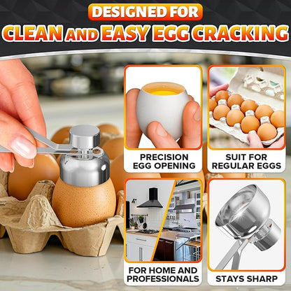 Egg Cracker Tool for Raw Eggs — Egg Shell Opener for Soft-Boiled Shell Tops, Stainless Steel Topper with Ergonomic Adjustable Effort — Easy-Open Design for Breakfast Prep, Custards, & Baking (Silver)