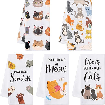 R HORSE 5Pcs Funny Kitchen Dish Towels, Cute Cat Dishcloths Gift, Absorbent