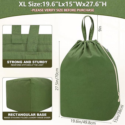 Canvas Laundry Bags with Handles & Rectangular Base, Washable Cotton Drawstring