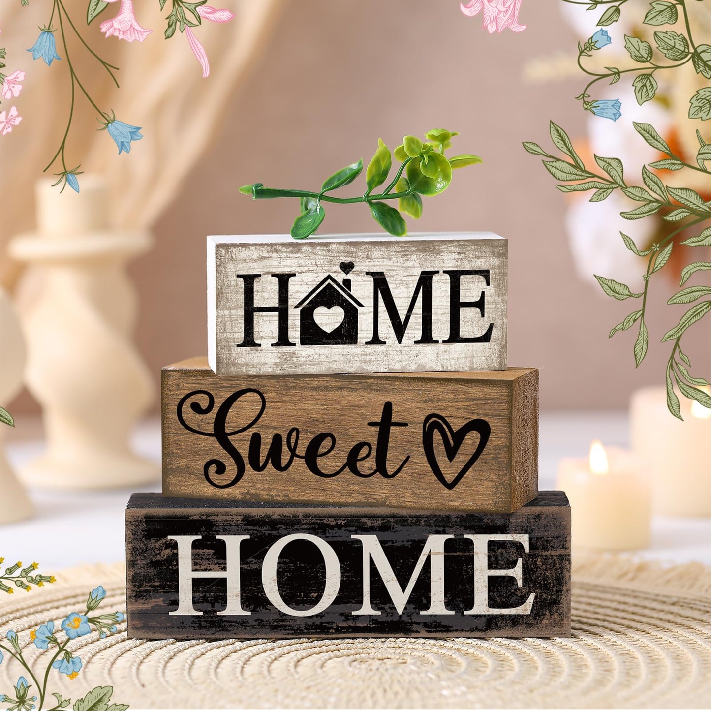 Briwooody 4 Pcs Farmhouse Wooden Table Decor Reversible Sweet Home Tiered Tray Decor Rustic Eucalyptus Leaves Wood Block Sign Gifts for Home Table Kitchen Shelf Fireplace Mantel Decoration