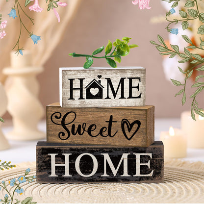 Briwooody 4 Pcs Farmhouse Wooden Table Decor Reversible Sweet Home Tiered Tray Decor Rustic Eucalyptus Leaves Wood Block Sign Gifts for Home Table Kitchen Shelf Fireplace Mantel Decoration