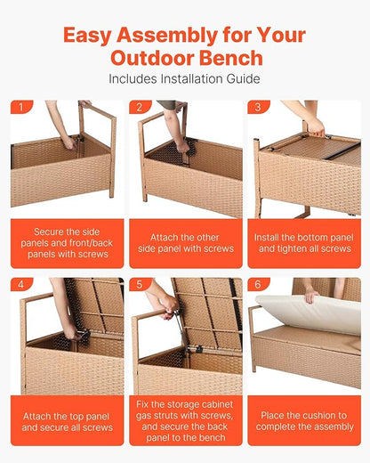 VEVOR Outdoor Storage Bench, 2-Person PE Rattan Storage Bench, 70 Gal Deck Box with Cushion, Supports up to 265 lbs, Weatherproof Outdoor Seating & Porch Decor for Patio Garden Balcony Yard