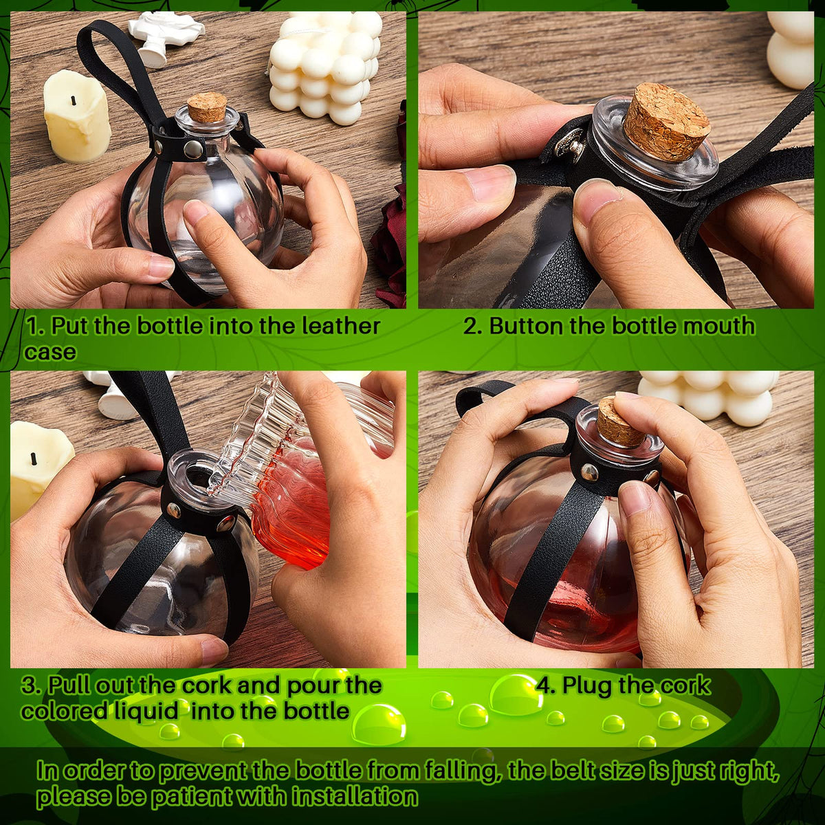 Patelai 6 Pcs Halloween Glass Potion Bottles with Belt Cork Renaissance Witch Costume Accessories Witch Props Potion Bottle for Halloween Party Decor Cosplay DIY Crafts Gift (Black)