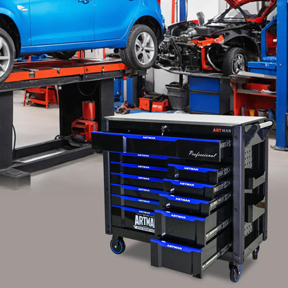 KEIKI 12 Drawer Rolling Tool Cart with Wooden Top, Metal Tool Cabinet with Wheels and Handle, Heavy Duty Storage Organizer for Garage Workshop (Black&Blue)