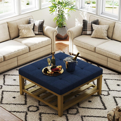Befurtori Large Square Ottoman Coffee Table, Linen Solid Upholstered Footrest Ottoman with Solid Wood Shelf Storage Tufted Coffee Table for Bedroom Living Room, Navy Blue