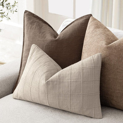 Foindtower Set of 2 Decorative Linen Check Throw Pillow Covers Neutral Farmhouse Lumbar Cushion Covers Modern Boho Home Decor for Sofa Chair Couch Bedroom Living Room,12×20 Inch,Natural Linen