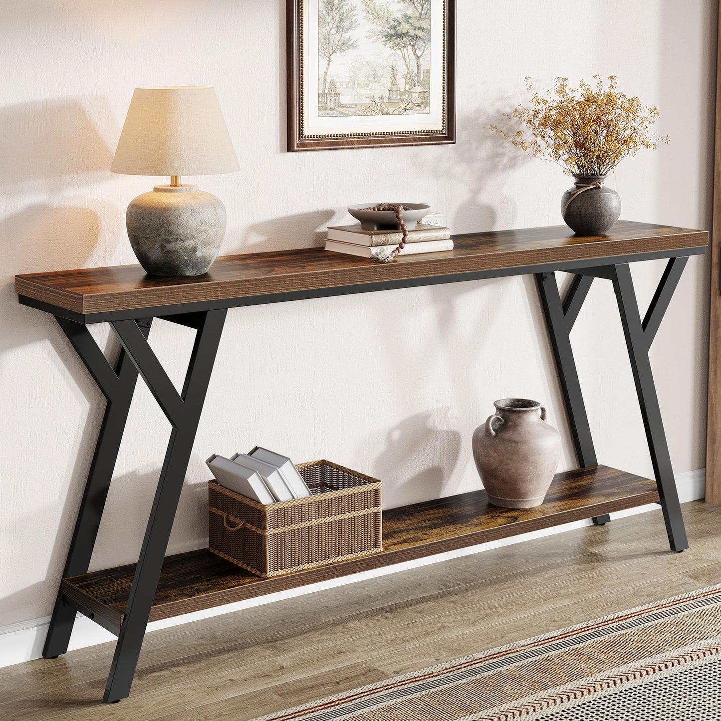 Tribesigns 70.9-Inch Narrow Long Entryway Console Table, Industrial Sofa Table Behind Couch with 2-Tier Storage Shelf for Hallway, Living Room, Entrance, Foyer, Rustic Brown