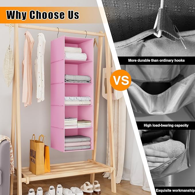 Hanging Closet Organizer, Easy Mount Foldable 5-Shelf Hanging Closet Wardrobe