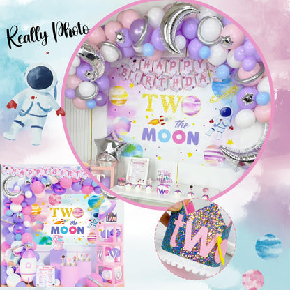 Two the Moon Birthday Decorations Girl, Outer Space 2nd Birthday Party Decorations, Two the Moon Backdrop Cake Cupcake Topper Balloon Garland Two Years Old Girl Party Supplies Kit Moon Themed for Girl