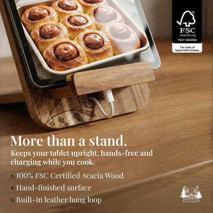 ULLAHOLM Wooden Cookbook Stand for Kitchen Counter - Reversible Recipe Book Holder with Cooking Measurement Conversion Card - Gift-Ready Adjustable Tablet Cookbook Holder Stand - 13.7"x8.2"