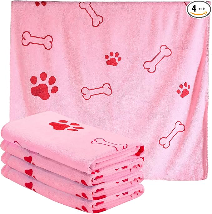 Chumia 4 Pcs Dog Towels for Drying Dog Puppy Bulk Microfiber Absorbent Paw Towel Pet Bathing Supplies Quick Drying for Medium Cats Pets Shower(24 x 40 Inch,Pink)