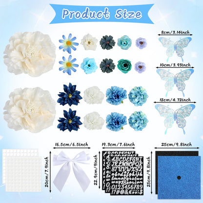 Naozinebi 55 Pcs Blue DIY Graduation Cap Decorations Faux Assorted Flowers blue Bows 3D Butterfly Stickers Glitter Alphabet Letter Number Decals for DIY Hat Grad Cap Topper Graduation Party Supplies