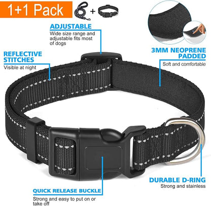 Ladoogo Reflective Dog Collar Padded with Soft Neoprene Breathable Adjustable Nylon Dog Collars for Small Medium Large Dogs (Medium (Pack of 1), Black Collar+Leash)