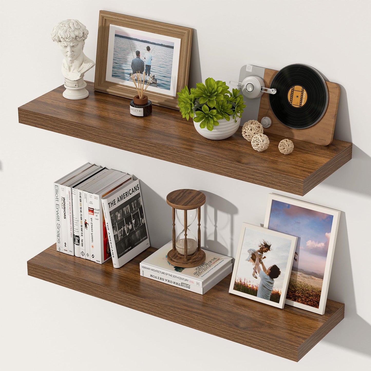 Feihorrm 24 Inch Floating Shelves, 12 Inch Deep Floating Shelves for Wall, Extra Deeper & Thicker Wooden Wall Shelf with Invisible Brackets, Shelf for Bedroom Living Room Home Decor（Walnut, Set of 2）