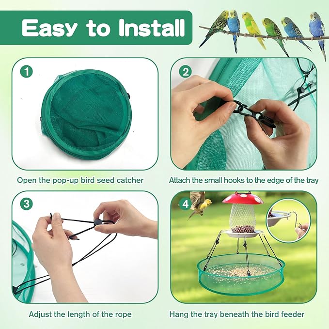 3PCS Bird Seed Catcher Tray 30 Inch Bird Seed Catcher Hanging Hoop Platform for Bird Feeders Includes S-Hooks, Adjustable Ropes & Portable Storage Pouch