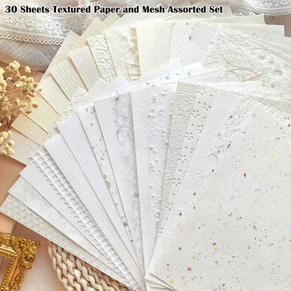 Flartmo 30 Sheets A5 White Textured Scrapbook Paper and Mesh Fabric Mix, Scrapbook Supplies for Junk Journaling, Scrapbooking, Card Making Supplies, Decorative Paper for Crafts & Mixed Media Art