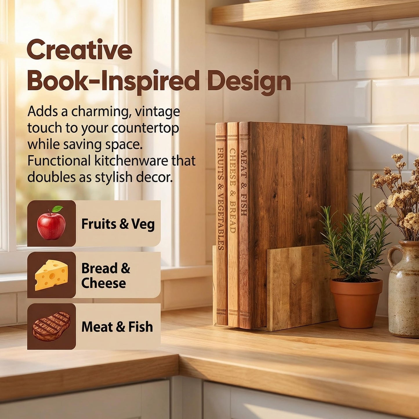 WoofWahouse Book Cutting Board Set - Food Safe, Non-Slip Chopping Boards for Kitchen Organization and Stylish Serving,Acacia Wood