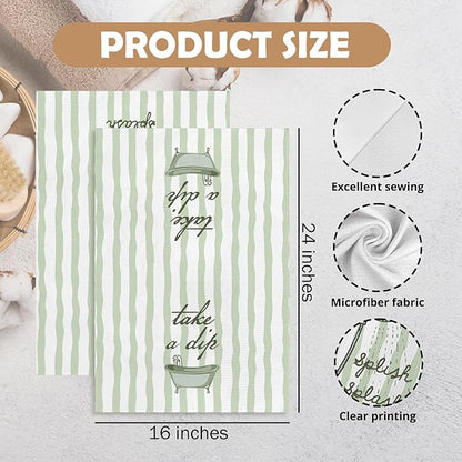 Sage Green Hand Towels for Bathroom Set of 2, Splish Splash Bathtub Dish Tea