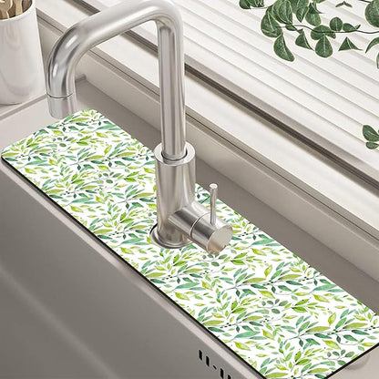 Tropical Eucalyptus Leaves Kitchen Sink Splash Guard Mat Absorbent Fast Drying