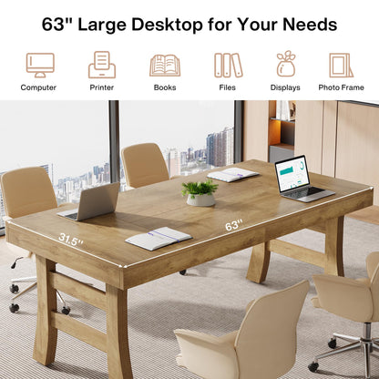 Tribesigns 63-Inch Executive Desk, Large Office Computer Desk with Sturdy Legs, Farmhouse Simple Workstation Writing Study Table for Home Office, Light Brown