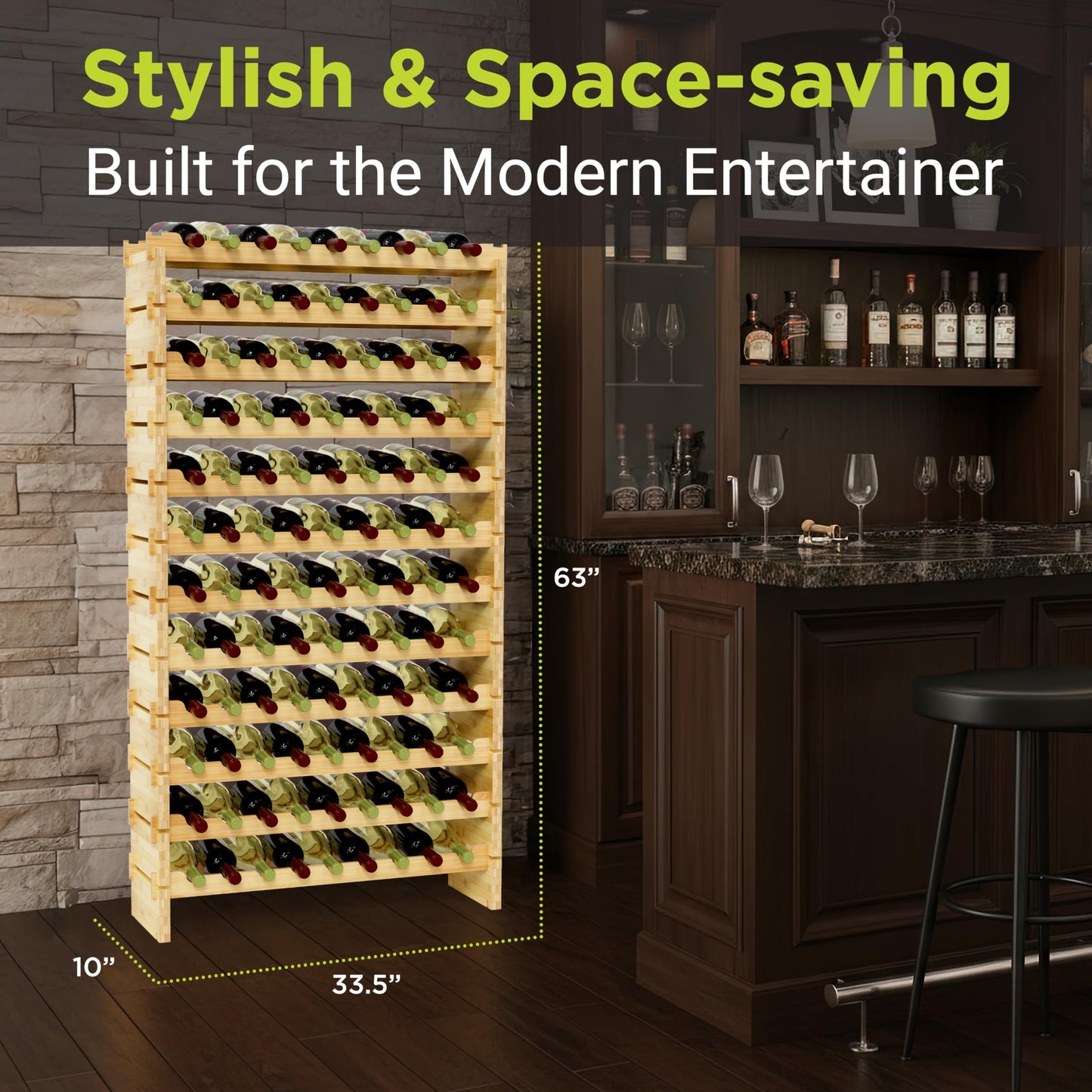 NutriChef 108 Bottle Stackable Bamboo Wine Rack, 12-Tier Modular Shelf