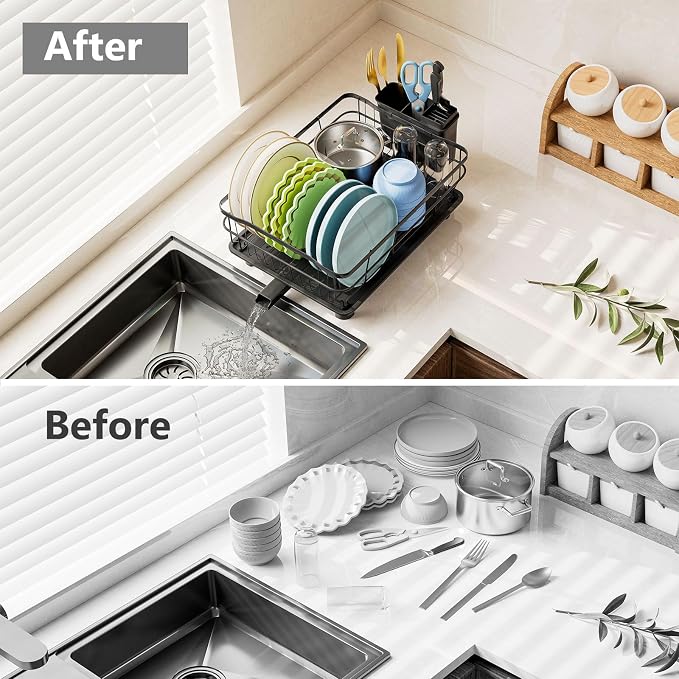 AIDERLY Auto Drain Metal Dish Drying Rack Dish Drainers, All Black | with Draining Tray, Strainer, for Kitchen Counter, Sink