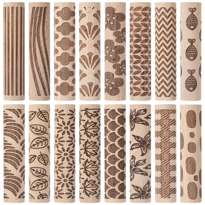 Conderyang 16Pcs Wooden Clay Texture Roller Set Clay Modeling Pattern Rollers Wooden Texture Rollers Wood Pottery Tools Pottery Tool Set for Artists Art Creation Ceramic DIY, 4In x 0.6In（Style 1)