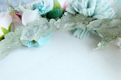 Vivivalue Boho Flower Headband Women Floral Crown Hair Wreath Flower Headpiece Halo with Ribbon Wedding Party Festival Photos Blue