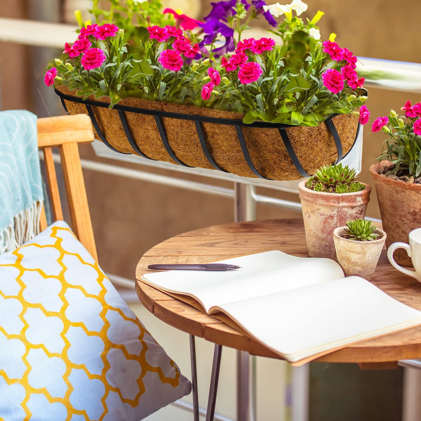 Tessco for you 3 Pieces Railing Planter Boxes, 24 Inches Window Box Planters with Coco Liner and Adjustable Brackets for Deck Porch Fence Patio Balcony Gardening Outdoor Plants