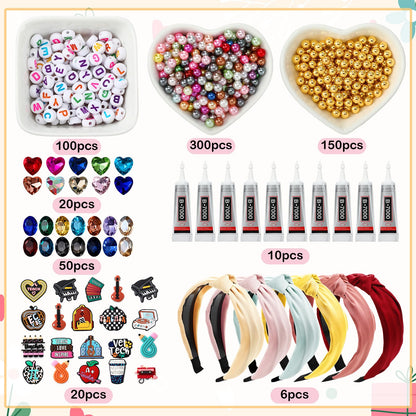 Wavyknot 636 Pieces DIY Headband Making Kit Gift Make Your Own Fashion Hair Accessories Set with Teacher Pencil School Alphabet Beads Rhinestone Diamond Pearl for Summer Classmate Graduation Supplies