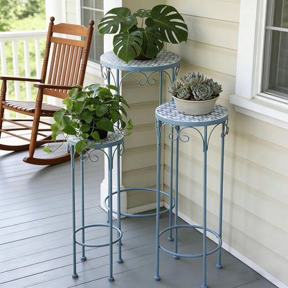 Metal Plant Stand Set of 3 Round Ceramic Top 28" Tall Mosaic Flower Stand Tile Nesting Display Side Table Indoor Outdoor Plant Rack Flower Holder for Wedding Party Patio Living Room Frame Stackable Garden Accessory Decorative Blue