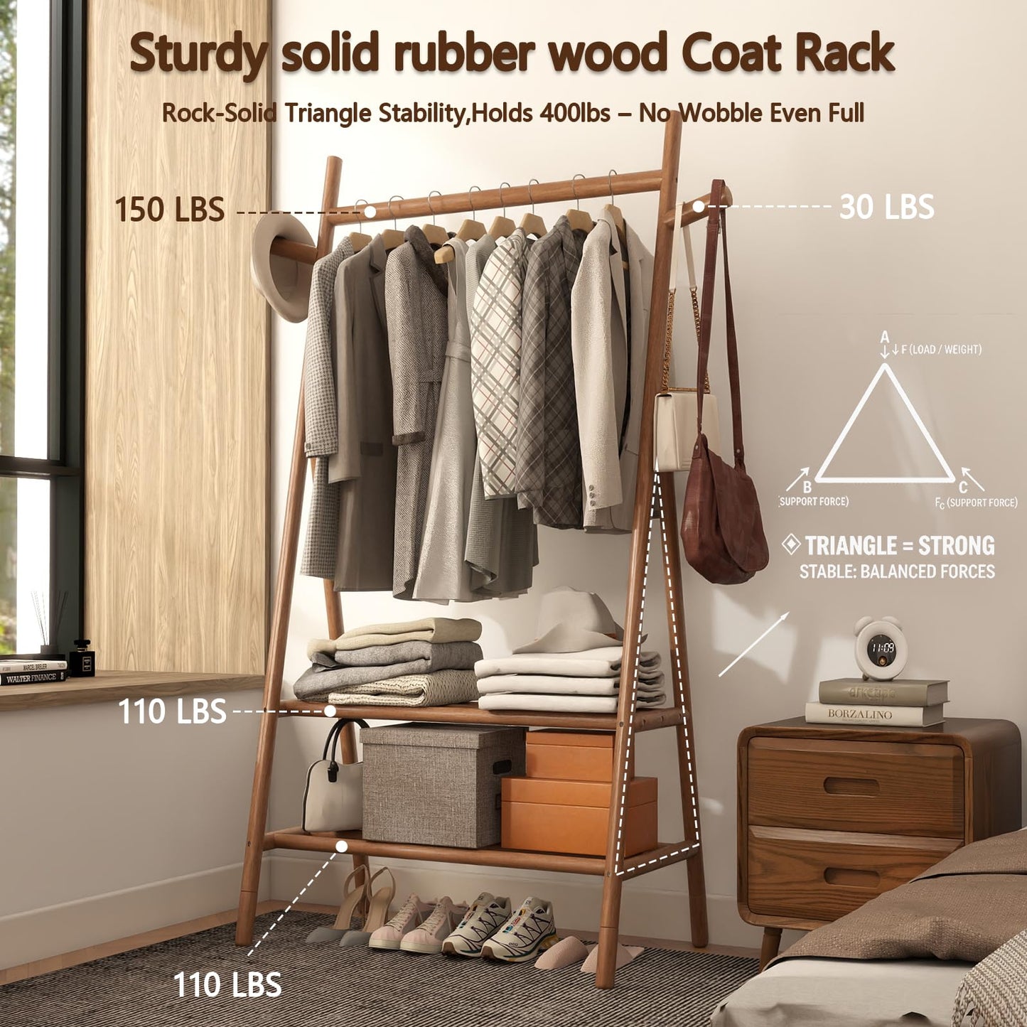 Solid Wood Clothes Rack with 2 Shelves & Hooks, Freestanding Garment Rack & Coat Rack Load 350 Lbs for Hanging Clothes & Organizer, Simple and Practical for Entryway Bedroom Living Room 39.5W