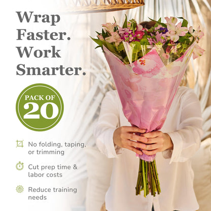 the florist Supply Magnolia Sleeves 20 Pack 17.3 x 17.1 x 4.9 Inch Waterproof Flower Bouquet Sleeves, Flower Bouquet Bags, Plastic Floral Sleeves, Gift-Ready for Wedding, Birthday - Pink