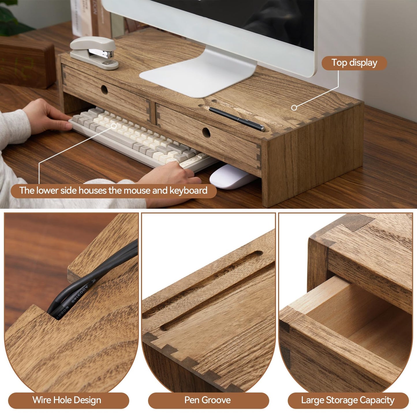 KIRIGEN Wood Monitor Stand with 2 Drawers, Solid Wood Computer Monitor Riser for Desk, Desktop Organizer Shelf with Cable Management, Pen Slots, Brown, No Assembly PMJ-DBR