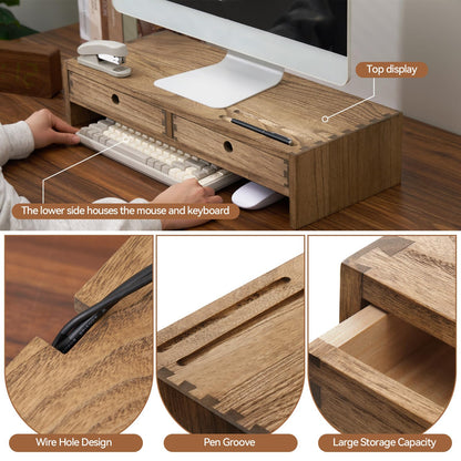 KIRIGEN Wood Monitor Stand with 2 Drawers, Solid Wood Computer Monitor Riser for Desk, Desktop Organizer Shelf with Cable Management, Pen Slots, Brown, No Assembly PMJ-DBR