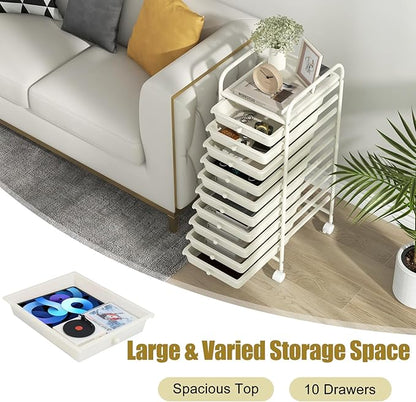 MEDIMALL 10 Drawers Rolling Storage Cart, Multipurpose Craft Storage Cart with Wheels, Mobile Tools Scrapbook Paper Organizer Cart for Office School Home Use