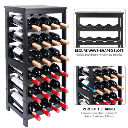 Thalomely Wine Rack Free Standing Floor, 6-Tier 24 Bottles Display Wine Storage Shelves with Table Top, Easy-Assembly Freestanding Bamboo Wine Racks for Kitchen Dining Room Bar, Black